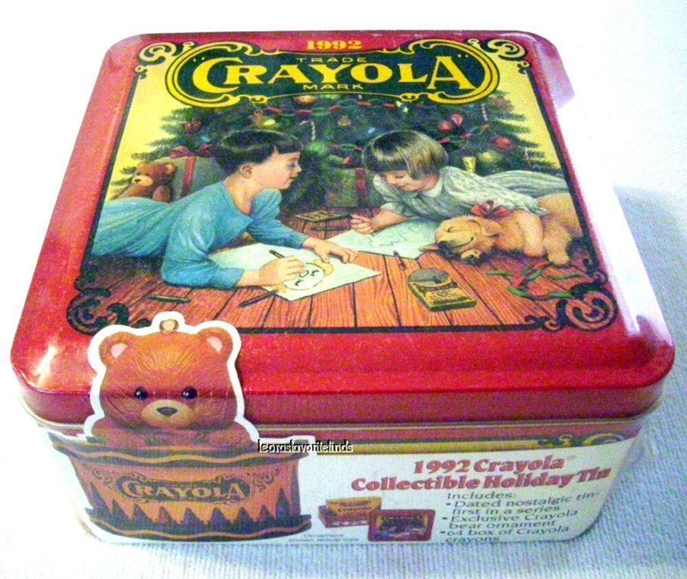 1992 Crayola Collectible Christmas Holiday Tin 64-ct w/ornament Sealed Vintage